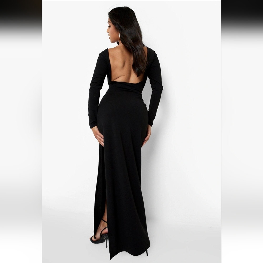 Boohoo Elegant Black Square Plunge Back Maxi Dress With Thigh Slit